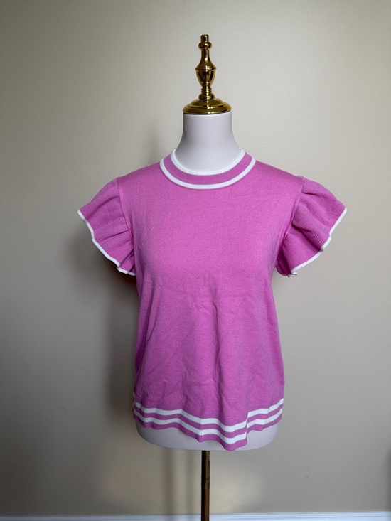 THML Tops - THML Pink Flutter Sleeve Sweater Top Striped Trim Knit Blouse Size M